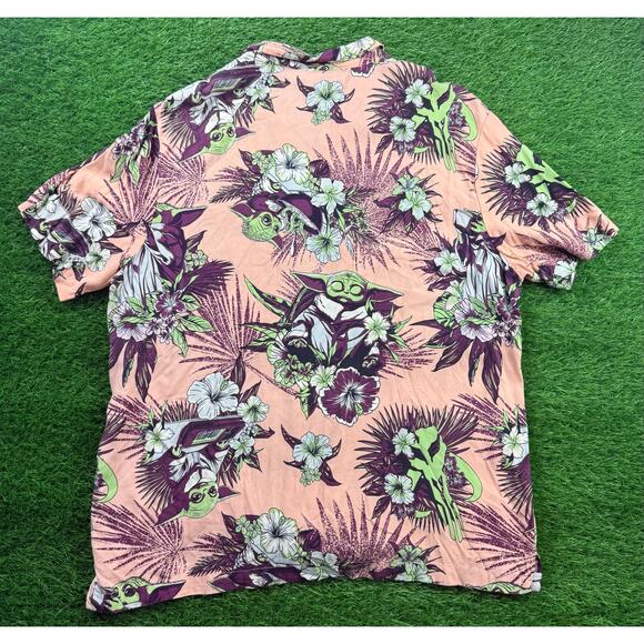 Star Wars The Mandalorian Grogu Aloha Hawaiian Shirt XXL Peach Green Floral - Picture 3 of 8